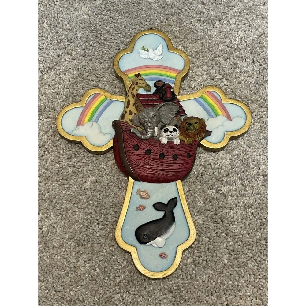 Nursery Decor Religious Wall Hanging Cross Noah’s Ark Resin Animals Spoontiques